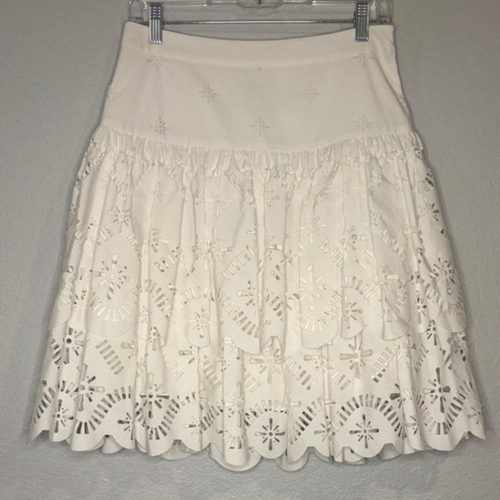 Milly of New York tiered eyelet laser cut skirt side zip lined white 4